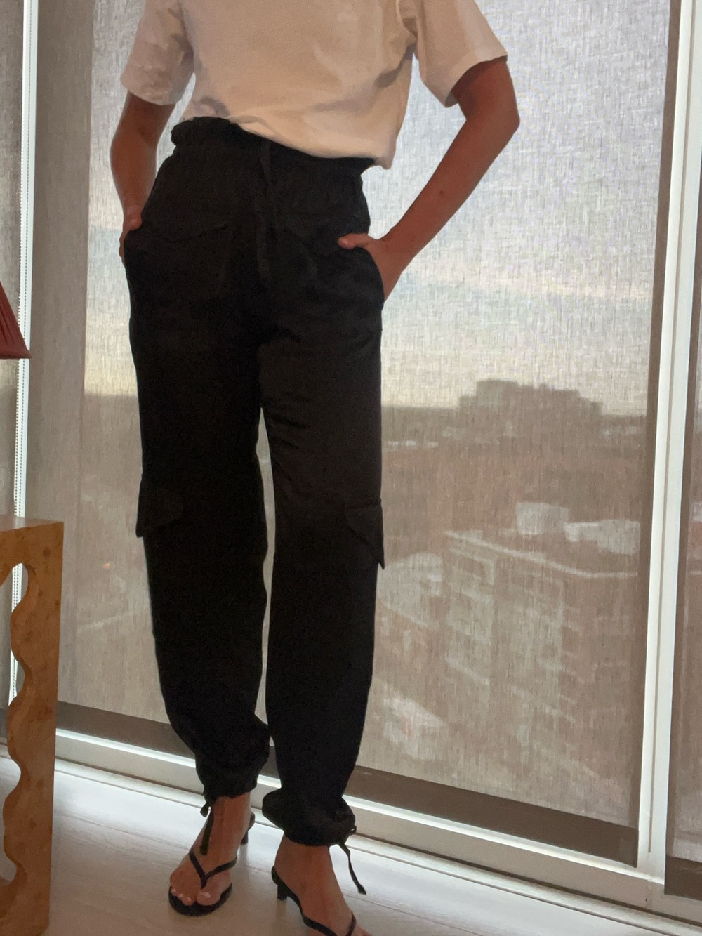 GANNI Washed Satin Cargo Pants Black Paperbag Waist Utility Trousers EU 36 / US